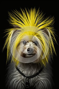 Havanese with a yellow mohawk on his head on a black background