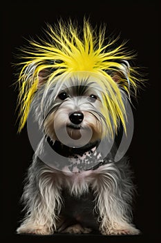 Havanese with a yellow mohawk on his head like a punk on a black background