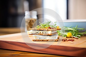 havarti cheese layered on rye crackers, fresh on wooden plank