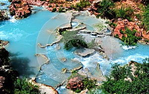 Havasupai Falls, pools, blue water, geological formation rock walls