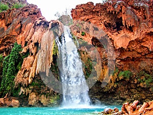 Havasupai Falls, pools, blue water, geological formation rock walls