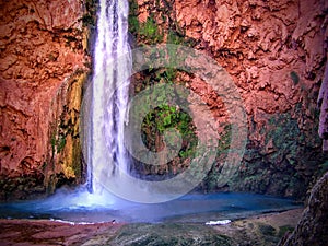 Havasupai Falls, pools, blue water, geological formation rock walls