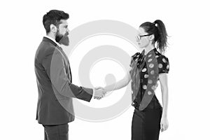 We have a deal. partnership in business. man and woman shaking hands. bearded man and sexy woman. Business couple