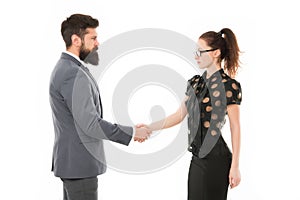 We have a deal. partnership in business. man and woman shaking hands. bearded man and sexy woman. Business couple