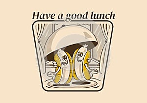 Have a good lunch. Character illustration of two hot dog on the plate
