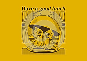 Have a good lunch. Character illustration of two hot dog on the plate