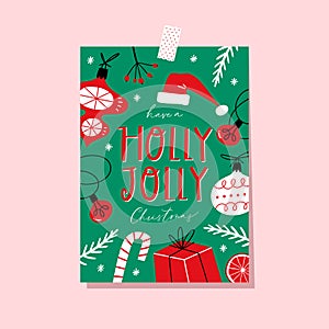 Have a Holly Jolly Christmas. Holiday greeting card with handwritten modern lettering. Xmas hand drawn design elements
