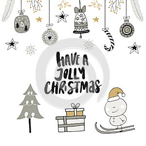 Have a Jolly Christmas - hand drawn Christmas lettering with floral and decorations. Cute New Year clip art.