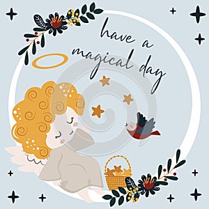 Have a magical day poster with angel and bird - vector illustration, eps