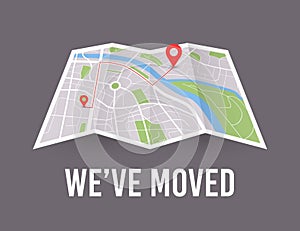 We have moved. Map wit pin pointer. Vector new office icon location
