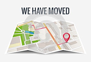 We have moved new office icon location. Address move change location announcement business home map photo