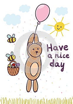 Have a nice day card with a cute bear flying on a balloon