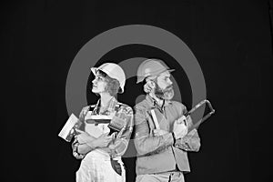 have relax time. couple of architect wear hardhat. new house construction concept. Portrait of family wearing hardhat