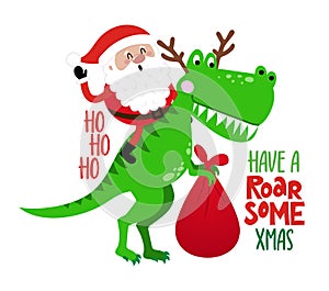 Have a roarsome Christmas - Santa rides a trex dinosaur.