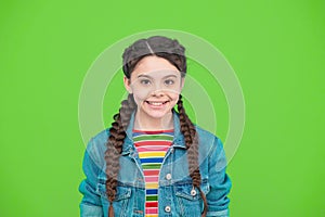 Have smile on your lips. Happy child smile green background. Little girl with cute smile. Dental prophylaxis. Tooth