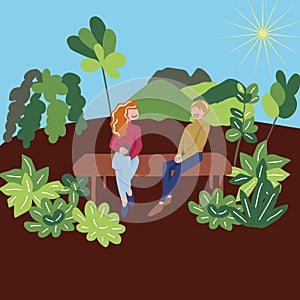 Having a coffee and chating in the park Card. Vector illustration. Spring in the park.