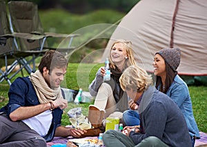 Having fun with the best of friends. A group of friends enjoying an outdoor picnic together.
