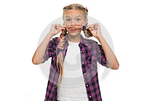 Having fun. Facial hair concept. Girl long braids white background. Kanekalon braid. Keep hairstyle braided for