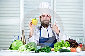 Having lunch. Bearded man cook in kitchen, culinary. Vegetarian. Mature chef with beard. Dieting and organic food