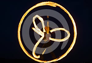 Having tricks for celebration. Man perform fire tricks in darkness. Fire performance. Poi twirling. Holiday celebration