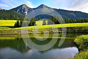 Havran a Ždiarska vidla, dvě nejvyšší hory Belianských Tater. Vpředu rybník a rozkvetlá louka. Slovensko