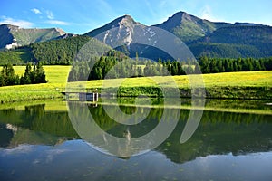 Havran a Ždiarska vidla, dva najvyššie vrchy Belianskych Tatier. Vpredu jazierko a rozkvitnutá lúka. Slovensko