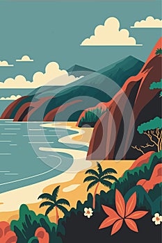 Hawai Seascape with mountains and sea. Vector illustration in flat style