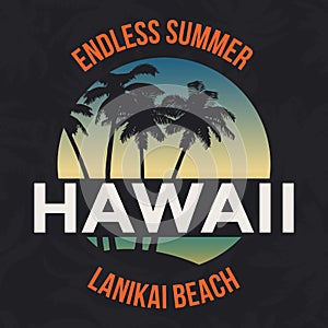 Hawaii beach tee print with palm tree. T-shirt design graphics stamp label typography. Vector
