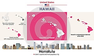 Hawaii counties map and congressional districts since 2023 map. Honolulu skyline