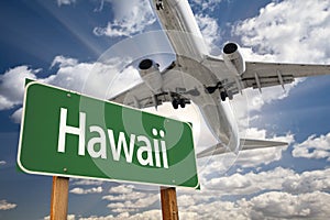 Hawaii Green Road Sign and Airplane Above