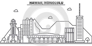 Hawaii, Honolulu architecture line skyline illustration. Linear vector cityscape with famous landmarks, city sights