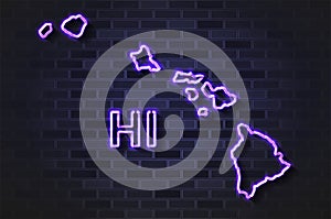 Hawaii map glowing neon lamp or glass tube on a black brick wall