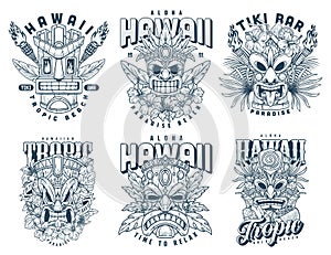 Hawaii mascots set emblems monochrome