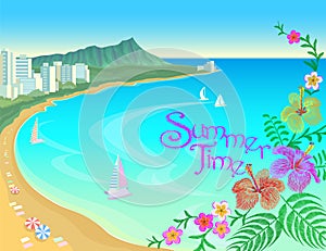 Hawaii ocean bay blue water sunny sky summer travel vacation background. Boats sand beach flowers umbrellas hot day
