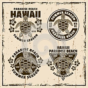 Hawaii paradise beach set of vector emblems, labels, badges or logos. Illustration on background with grunge textures