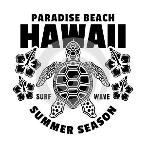 Hawaii paradise beach vector vintage emblem, label, badge or logo with turtle top view. Illustration in monochrome style