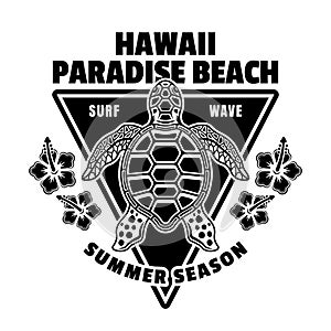 Hawaii paradise beach vector vintage emblem, label, badge or logo with turtle top view. Illustration in monochrome style