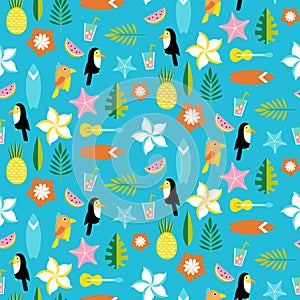 Hawaii pattern with tucans, parrots, leafs and surfs