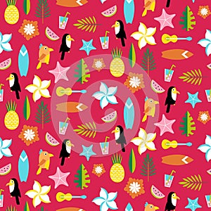 Hawaii pattern with tucans, parrots, leafs and surfs