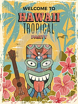 Hawaii poster. Summer dance party invitation tiki african tribal masks vector illustrations