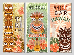 Hawaii retro banners. Aloha tourism summer adventure dancing party in tiki bar tribal masks vector illustrations