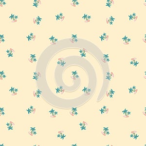 Hawaii seamless doodle pattern with blue little palm tree and island shapes. Pastel light pink background