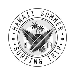Hawaii summer, surfing trip since 1969 logo template, black and white vector Illustration