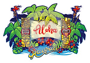 Hawaii. Tiki statues, palm trees and a banner