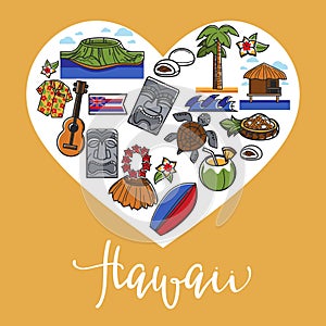 Hawaii travel and landmark symbols vector poster