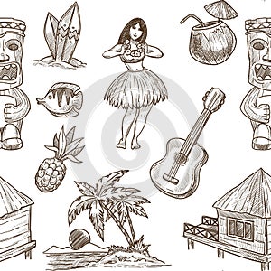 Hawaii travel sketch pattern background. Vector seamless tropical exotic design of Hawaiian symbols