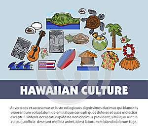 Hawaii travel symbols and vector tourism landmarks