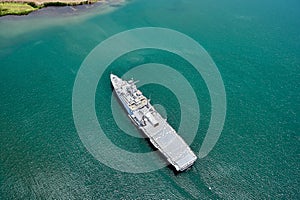 Hawaii, USA - August 8, 2017 : Top down view of the battleship near the USS Arizona Memorial Harbor