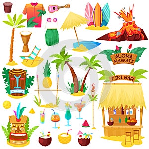 Hawaii vector hawaiian beach with tropical palm and sunbed or exotic fruity cocktails on summer vacation illustration