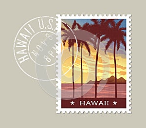 Hawaii vector illustration of tall palm trees at sunset